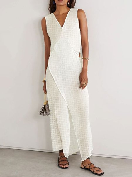 

Plain Loose Vacation V Neck Long Dress, Off white, Maxi Dresses
