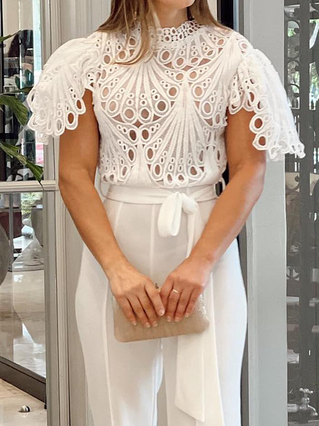 

Lightweight Loose Stand Collar Short sleeve Elegant Shirt, White, Blouses and Shirts