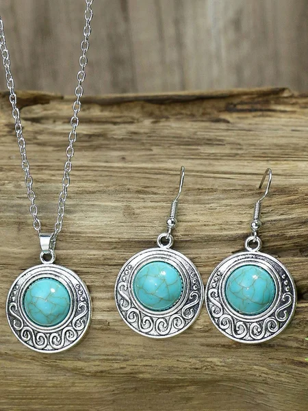 

Ethnic Silver Metal Turquoise Earrings Necklace Jewelry Set Vintage Casual Women Jewelry, As picture, Earrings