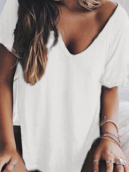 

Women Casual Loosen V-Neck Solid Summer Short Sleeve T-shirt, White, Tees & T-shirts