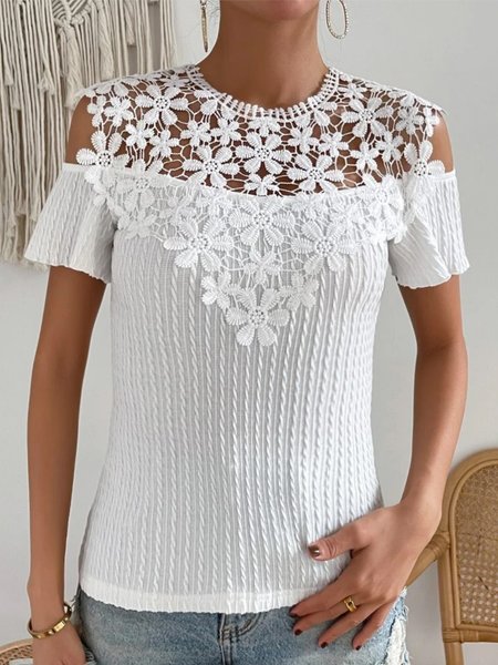 

Lace Crew Neck Loose Casual Guipure Lace Panel Cold Shoulder T-Shirt, White, T-Shirts