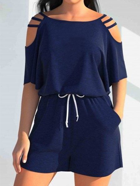 

Loose Plain Cold Shoulder Casual Two-Piece Set, Dark blue, Tops