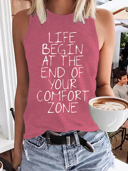 

Women’s Life Begin At The End Of Your Comfort Zone Text Letters Casual Crew Neck Tank Top, Pink, Tank Tops