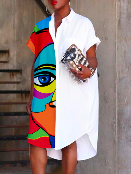 

Plus Size Abstract Shirt Collar Casual Mini Dress, As picture, Plus Dresses