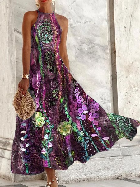 

Loose Jersey Floral Vacation Long Dress, Fuchsia, Dresses
