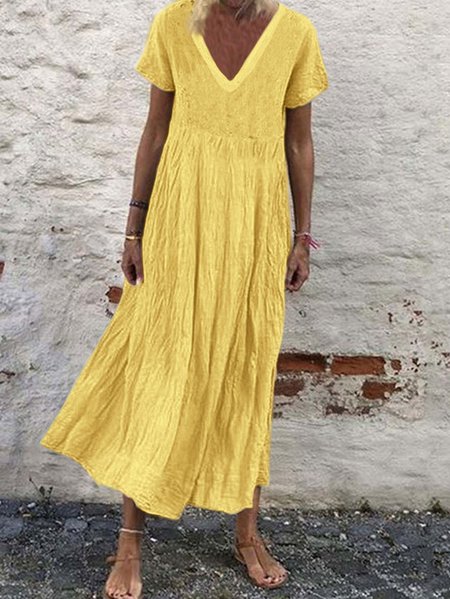 

Cotton-Blend Casual Short Sleeve V Neck Women Maxi Dress, Yellow, Maxi Dresses