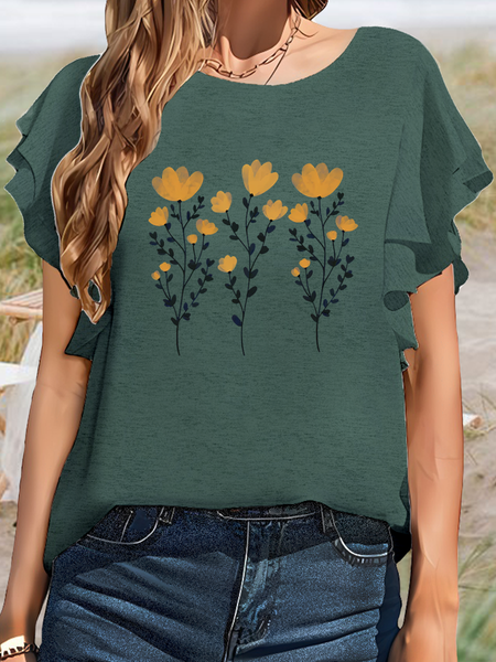 

Women’s Yellow Flowers Casual T-Shirt, Green, T-shirts