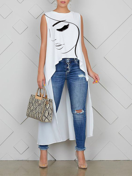 

Plus Size Sleeveless Crew Neck Casual Face Loose Shirt, White, Plus Tops