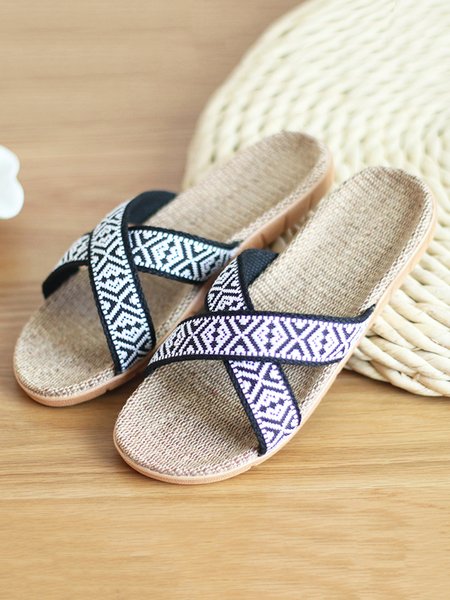 

Ethnic Weaving Cross Strap Wicking House Slippers, White, Sandals