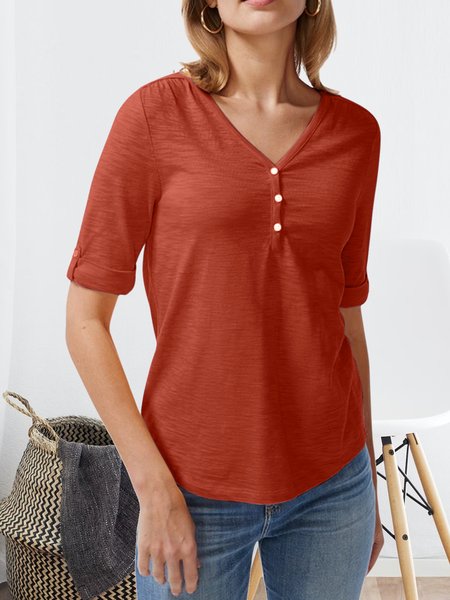 

Casual Henley Elbow Sleeve Slub T-Shirt, Orange red, T-shirts