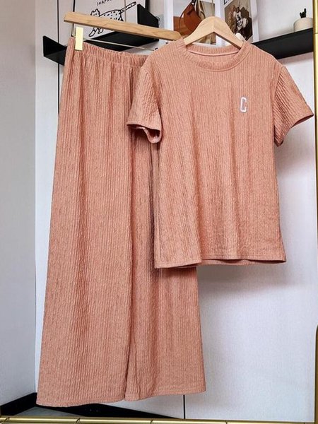 

Texture Fabric Homewear Casual Suit, Pink, Sleepwear&Robes