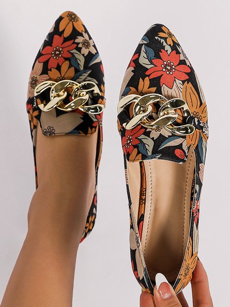 

Floral Pattern Chain Decor Point Toe Flat Shoes, Multicolor, Flats