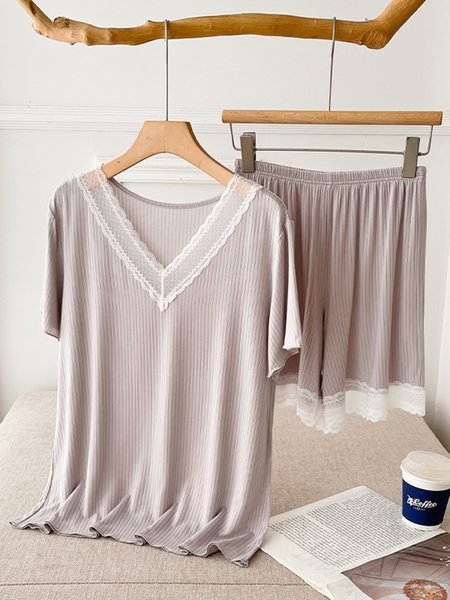 

V Neck Lace Casual Homewear Set, Light gray, Sleepwear&Robes