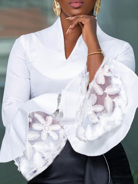 

Elegant V Neck Split Joint Lace Edge Plain Blouse, White, Blouses and Shirts