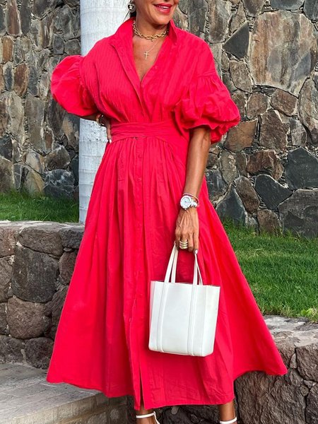 

Regular Fit Plain Elegant Shirt Collar Dress, Red, Maxi Dresses