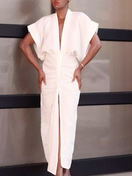 

Short sleeve Plain Urban V Neck Dress, White, Midi Dresses