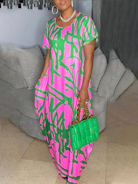

Abstract Casual Loose Crew Neck Dress, Pink, Maxi Dresses
