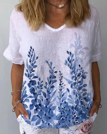 

V Neck Floral Loose Linen Shirt, White, Shirts & Blouses