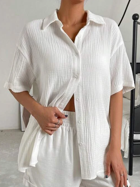 

Shirt Collar Buttoned Plain Casual Blouse, White, Shirts & Blouses