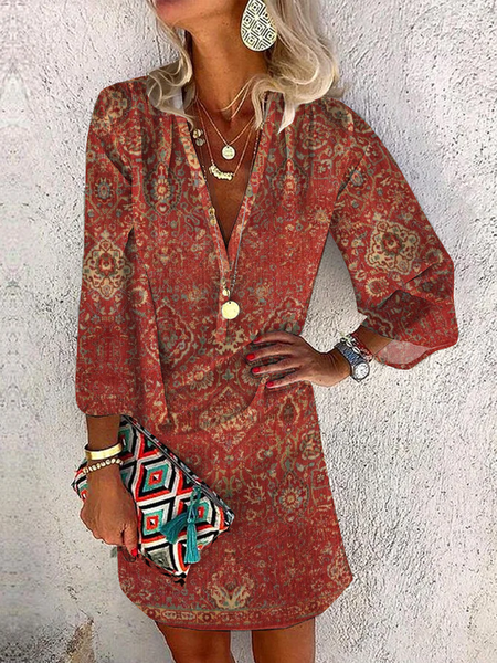 

Loose V Neck Jersey Boho Dress, Red, Dresses