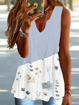 

V Neck Casual Floral Tank Top, White, Tanks & Camis