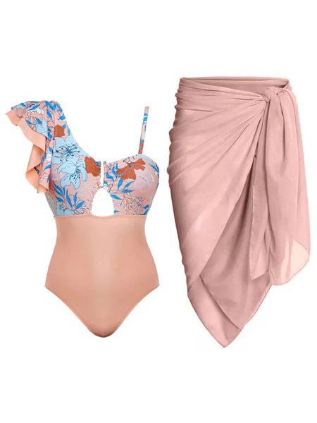 

Vacation Floral Printing Strapless One Piece With Cover Up, Pink, Swimsuit with Coverups