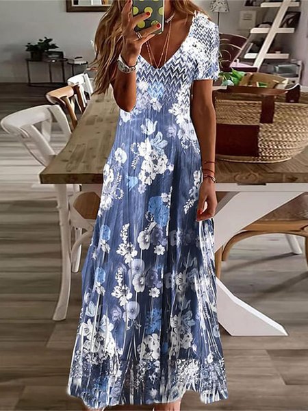 

Elegant Floral V Neck Regular Fit Dress, Blue, Dresses