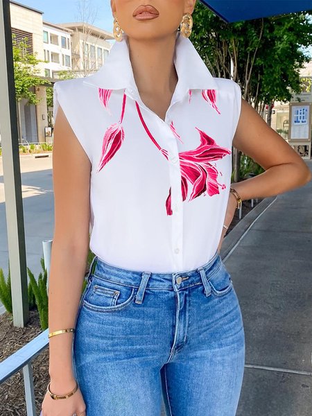 

Urban Shirt Collar Regular Fit Floral Sleeveless Blouse, White, Blouses and Shirts