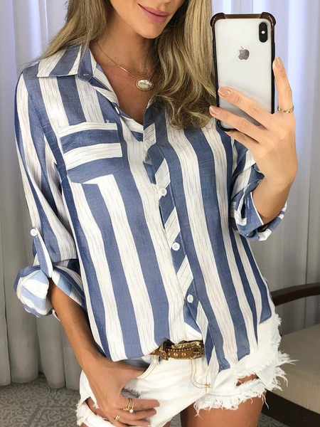 

Buttoned Casual Loose Striped Blouse, Blue, Shirts & Blouses