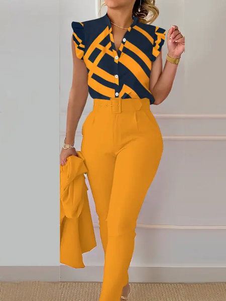 

Stand Collar Geometric Two-Piece Set With Belt, Orange, Tops