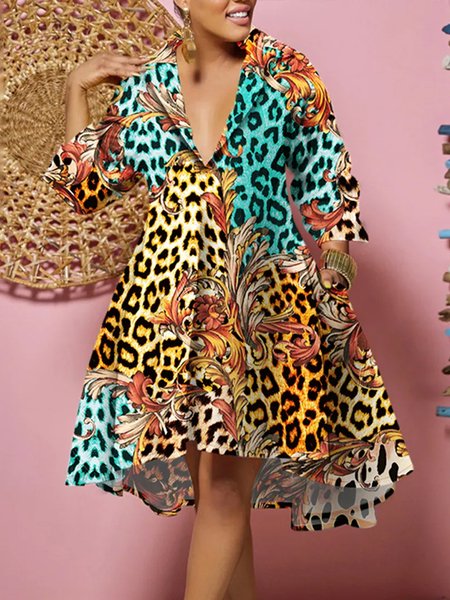 

Vacation Shirt Collar Regular Fit Leopard Dress, Green, Mini Dresses