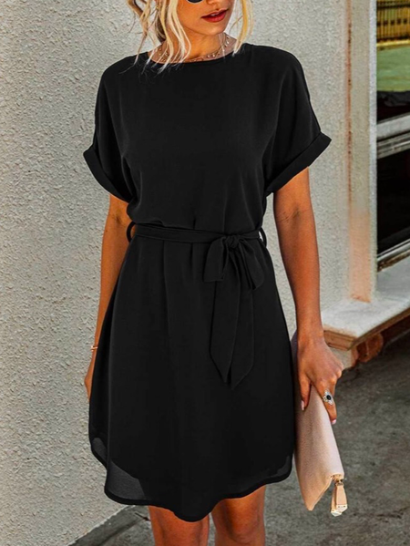 

Plain V Neck Loose Casual Solid Self Tie Tunic Dress, Black, Dresses