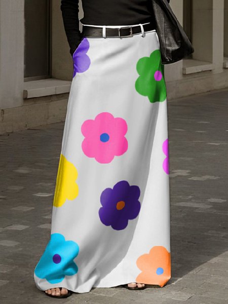 

Vacation Floral Print Pockets Skirt, White, Skirts