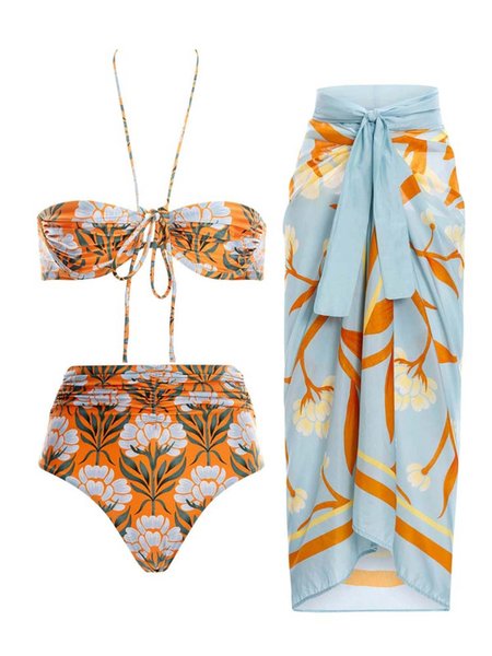 

Vacation Floral Printing Strapless Bikini With Cover Up, Orange, Swimsuit with Coverups