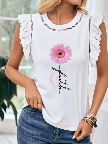 

Crew Neck Vacation Loose Floral Contrast Eyelet Embroidery Ruffle TrimShirt, White, Shirts & Blouses