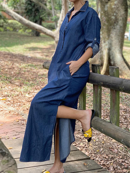 Loose Urban Plain Shirt Collar Long sleeve Denim Maxi Dress, Denim blue, Maxi Dresses