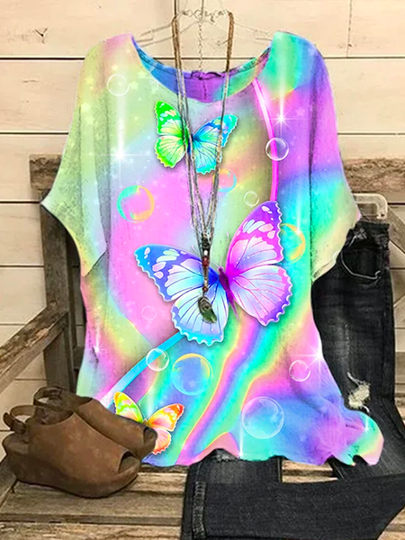 

Vacation Crew Neck Loose Butterfly Shirt, Pink, Shirts & Blouses