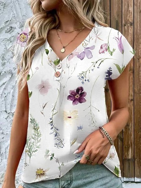 

Casual Loose Floral V Neck Shirt, White, Shirts & Blouses