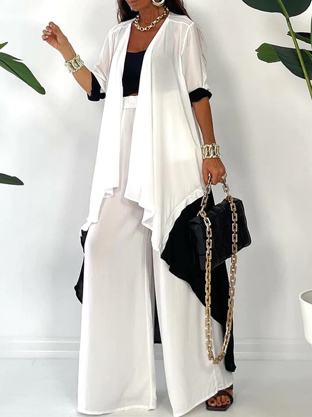 

Lightweight V Neck Urban Loose Short sleeve Mid-long Kimono, Black-white, Others