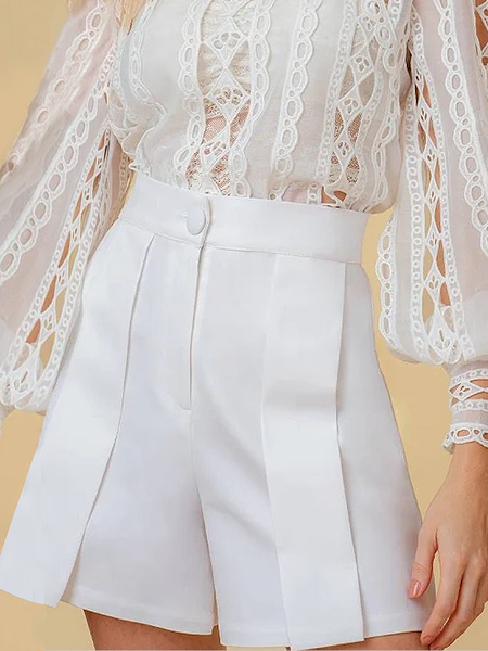 

Regular Fit High Waist Elegant Plain Shorts, White, Shorts