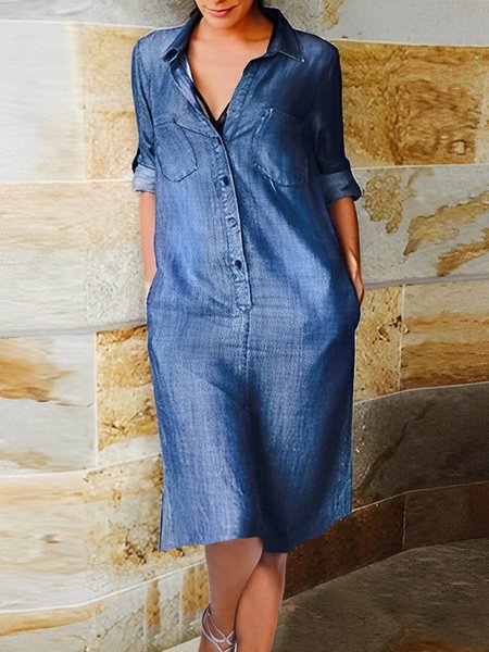 

Shirt Collar Plain Loose Casual Mini Dress, Blue, Mini Dresses