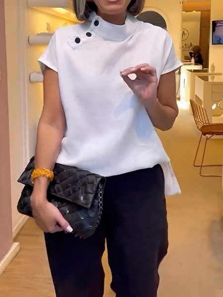 

Stand Collar Plain Casual Regular Fit Blouse, White, Blouses and Shirts