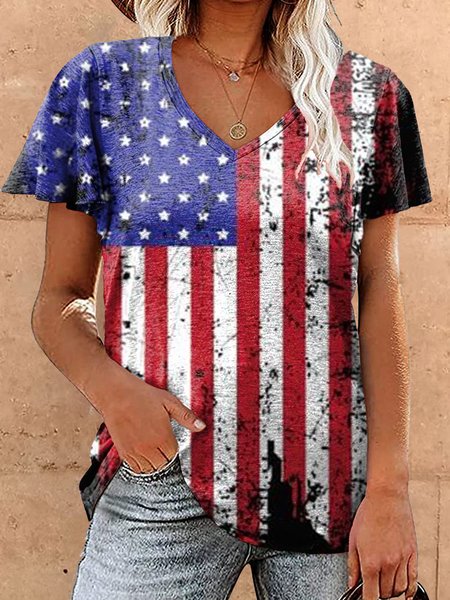 

Women's V Neck America Flag Print Casual T-Shirt, As picture, T-shirts