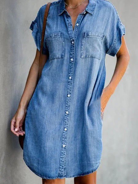 

Plain Loose Shirt Collar Urban Denim Dress, Denim blue, Mini Dresses