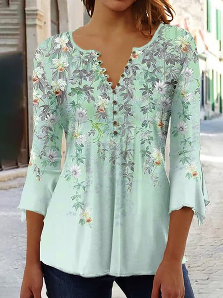 

Floral Buckle Casual Three Quarter Loose Shirt, Green, Shirts & Blouses