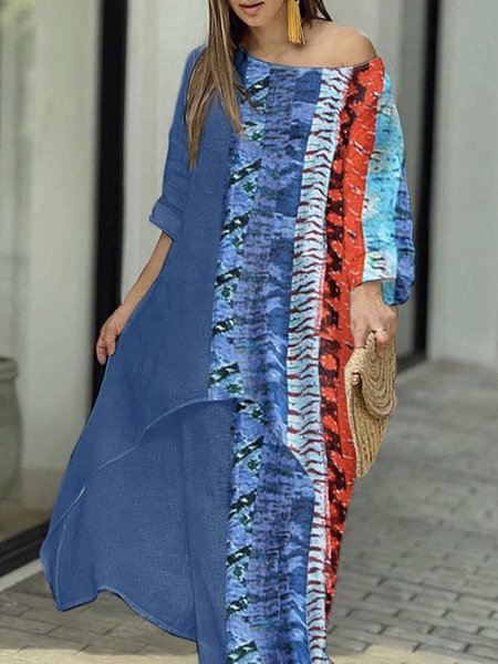 

Color Block Loose One Shoulder Casual Shirt, Blue, Blouses and Shirts