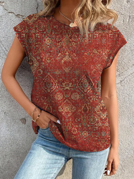

Boho Ethnic Loose Crew Neck T-Shirt, Red, T-Shirts