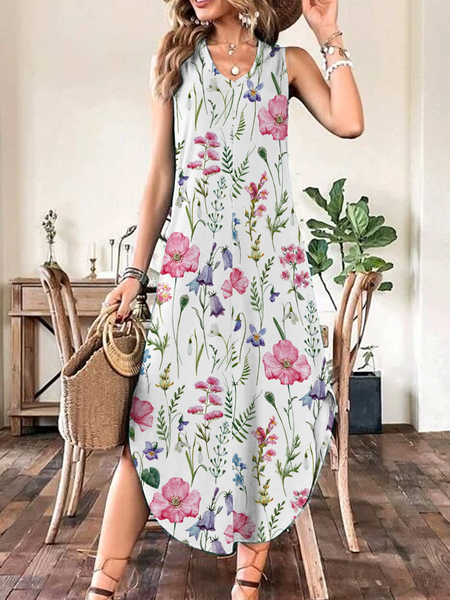 

Jersey Floral Casual V Neck Dress, White, Dresses