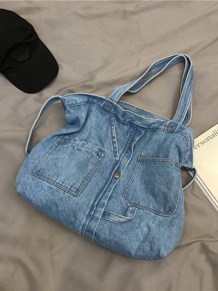 

Casual Plain Denim Distressed Multi-Pocket Tote Shoulder Bag Everyday Urban, Light blue, Women's Bags