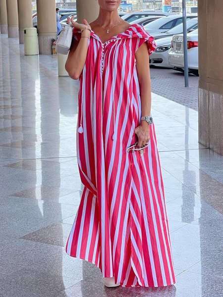 

Loose Vacation V Neck Striped Dress, Red, Maxi Dresses